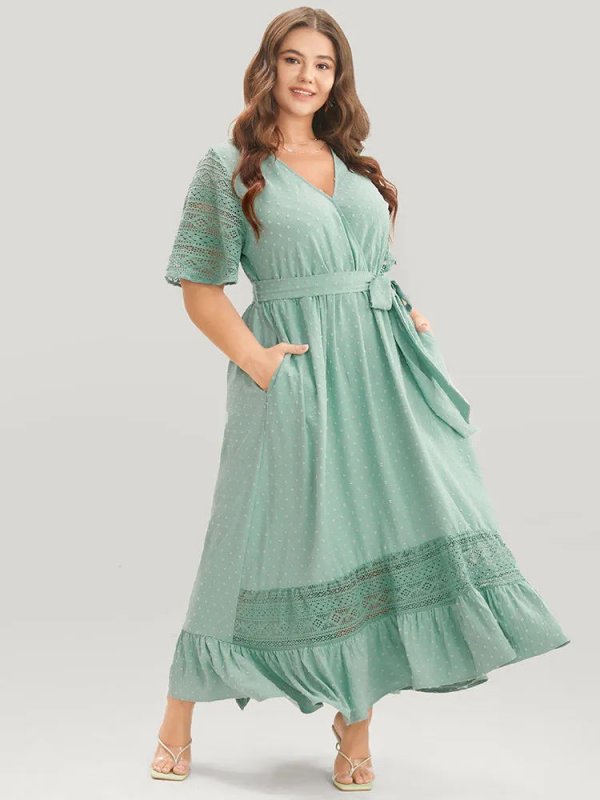 Solid Wrap Pocket Belted Contrast Lace Ruffle Trim Maxi Dress