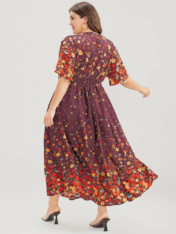 Floral Printed Pocket V Neck Shirred Split Hem Dress