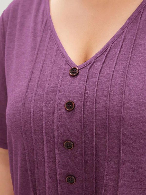 Solid Pleated Front Button Detail V Neck T-shirt