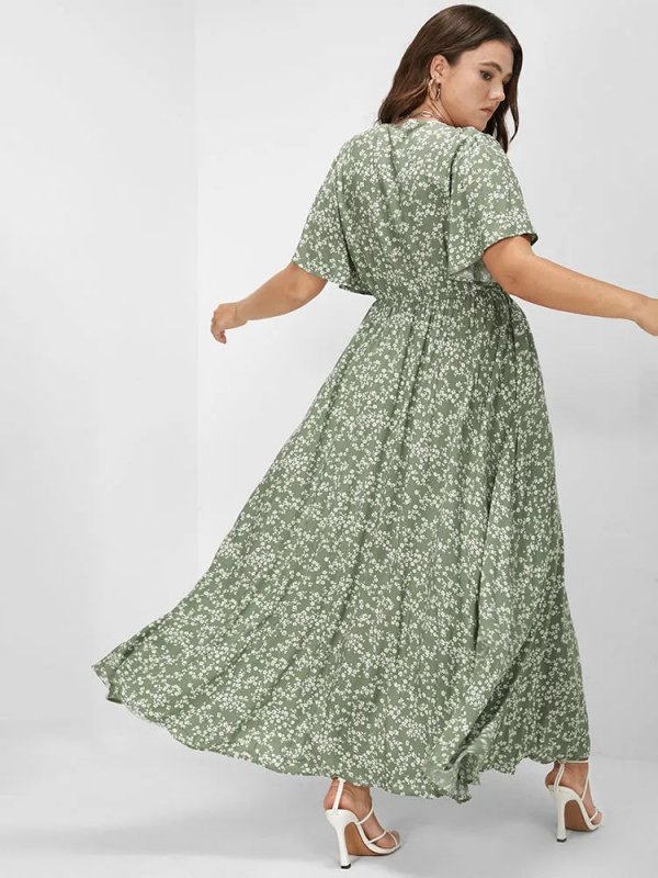 [Hot Sale] Flutter Sleeve Ditsy Floral Pocket Split Maxi Dress