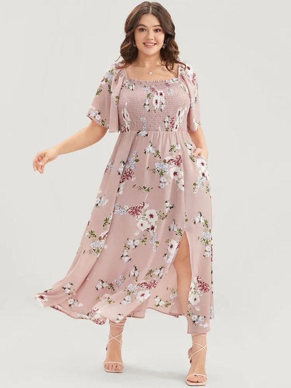 Floral Square Neck Ruffles Pocket Shirred Split Dress