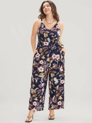 Floral Belted Pocket Wrap Cami Jumpsuit