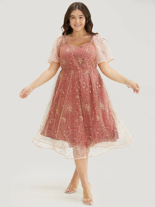 Moon And Star Sequin Detail Pocket Mesh Midi Dress