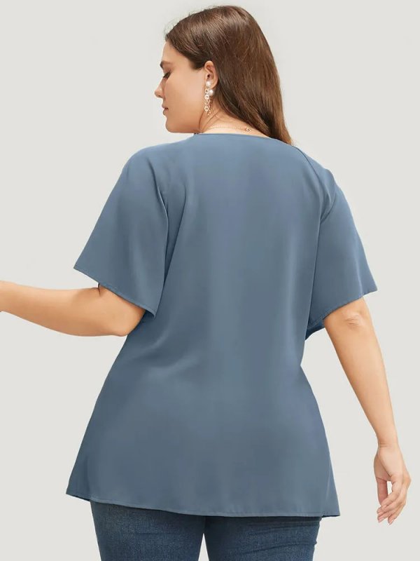 Plain Keyhole Knotted Front Ruffle Sleeve Blouse