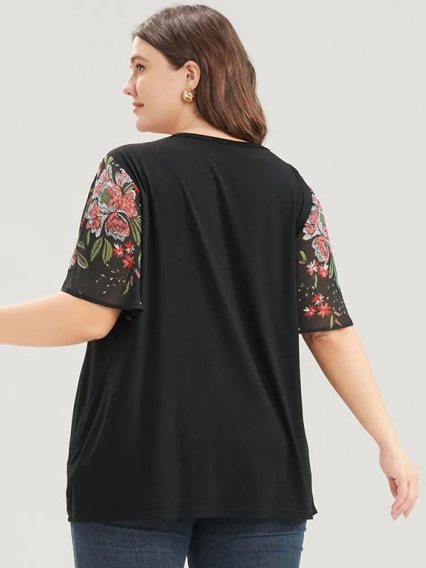 Floral Mesh Patchwork Ruffle Sleeve T-shirt