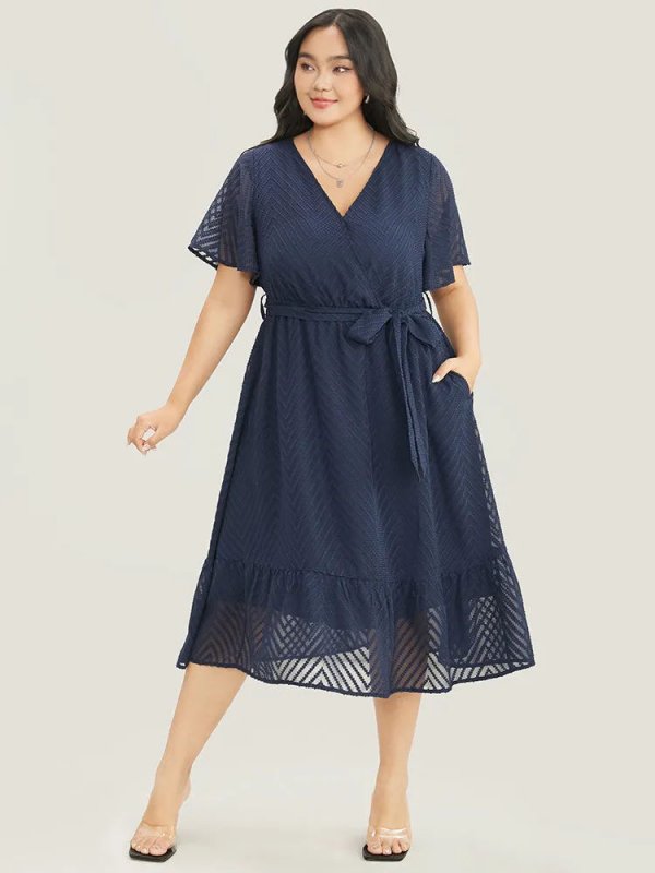 Plain Geometric Pocket Mesh Ruffle Sleeve Belted Wrap Dress