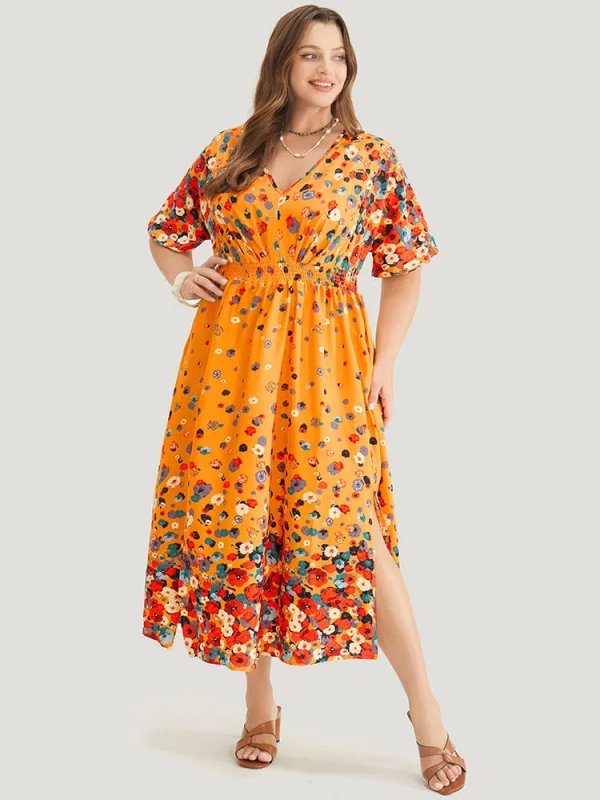 Floral Printed Pocket V Neck Shirred Split Hem Dress
