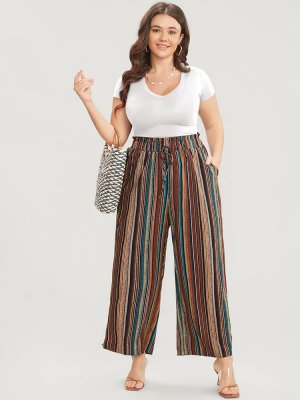 Striped Contrast Paperbag Waist Ties Up Pocket  Pants
