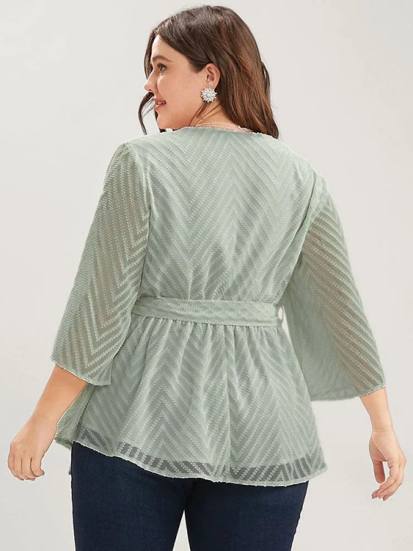 Plain Geometric Mesh Surplice Neck Belted Ruffles Blouse