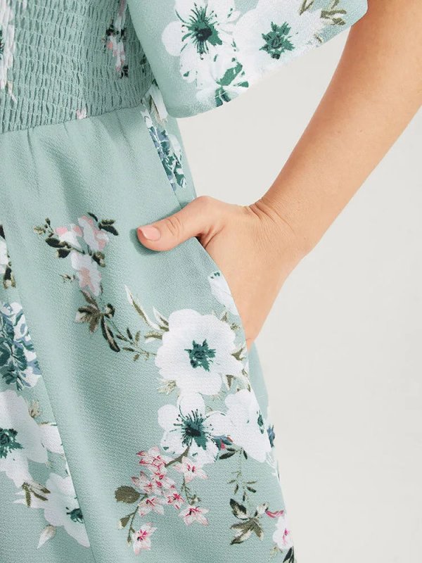 Floral Square Neck Ruffles Pocket Shirred Split Dress