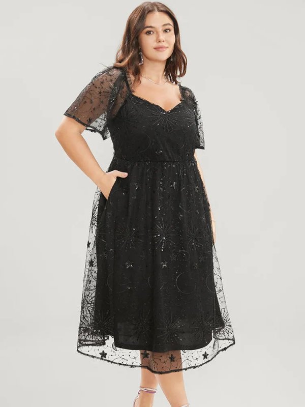 Moon And Star Sequin Detail Pocket Mesh Midi Dress
