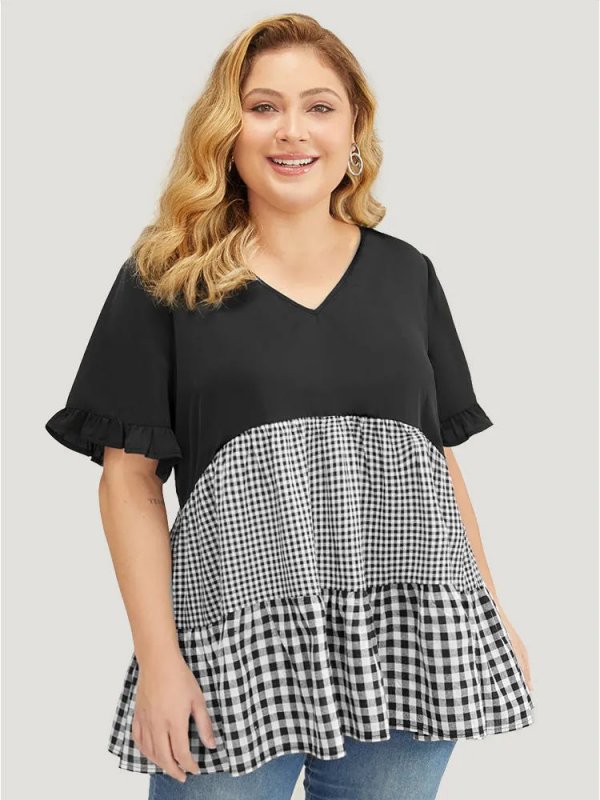 Gingham Patchwork Ruffle Sleeve Tiered Hem Blouse