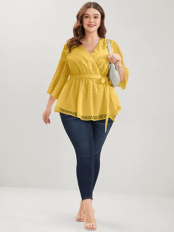 Plain Geometric Mesh Surplice Neck Belted Ruffles Blouse