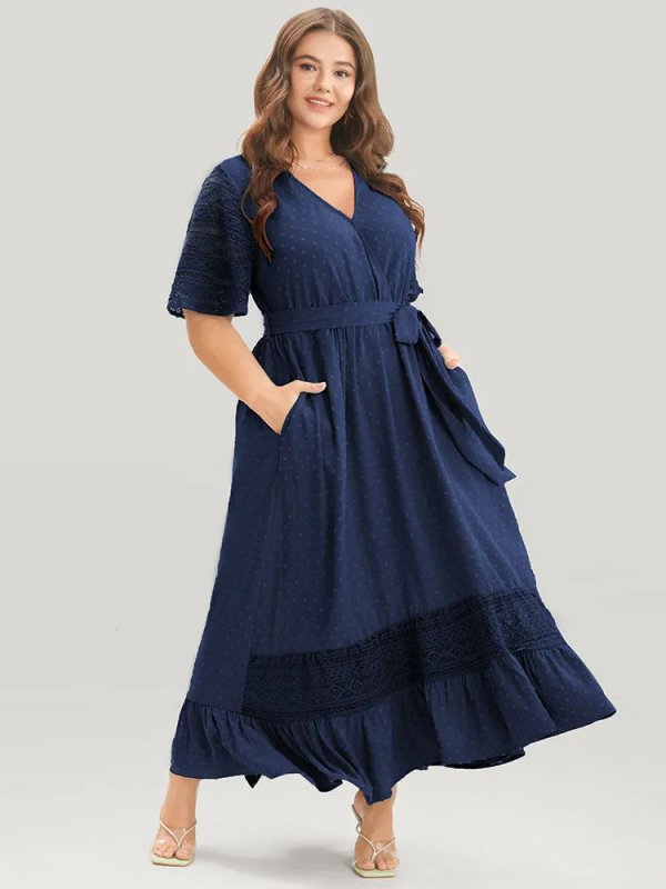 Solid Wrap Pocket Belted Contrast Lace Ruffle Trim Maxi Dress