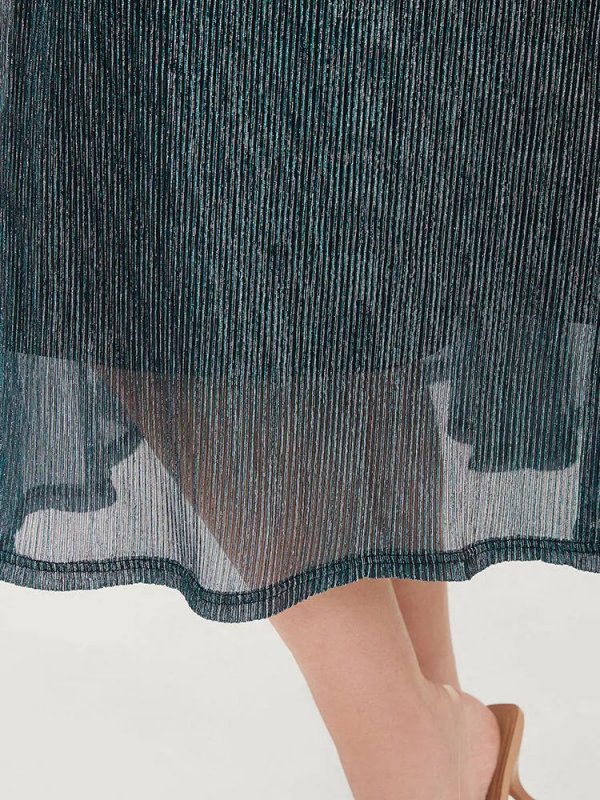 Glitter Mesh Surplice Neck Ruffle Sleeve Pocket Midi Dress