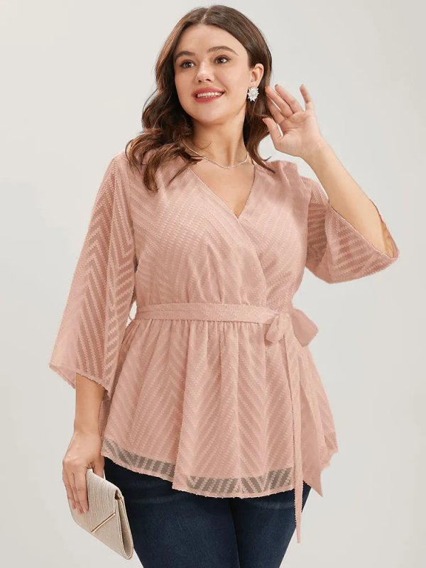 Plain Geometric Mesh Surplice Neck Belted Ruffles Blouse