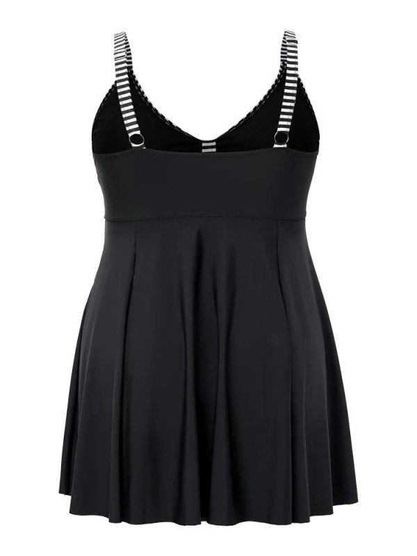 Striped Patchwork Knot Front Ruffles Swim Dress