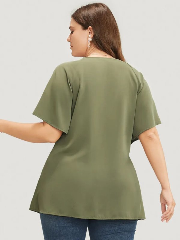 Plain Keyhole Knotted Front Ruffle Sleeve Blouse