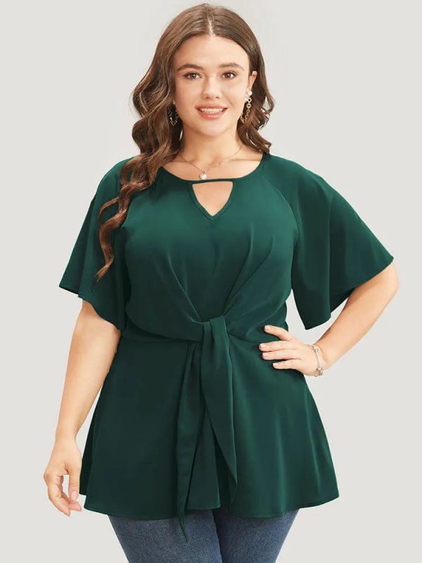 Plain Keyhole Knotted Front Ruffle Sleeve Blouse