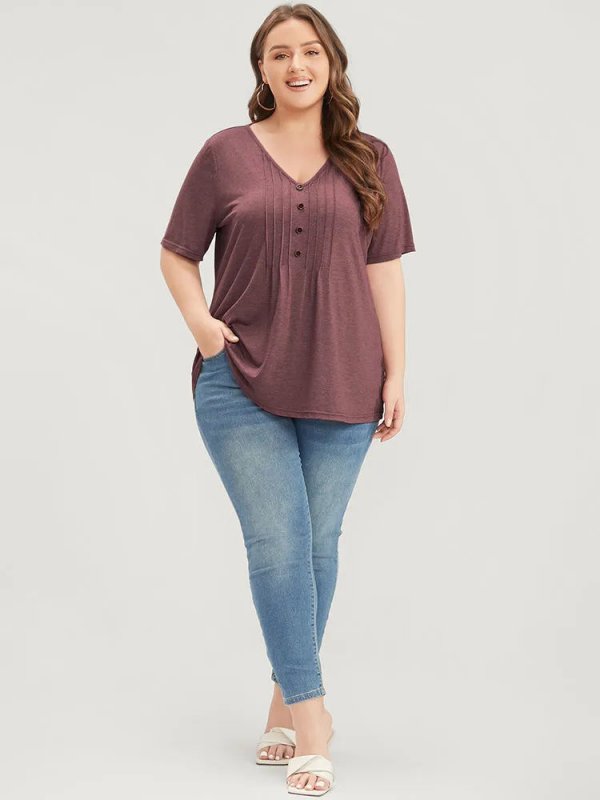 Solid Pleated Front Button Detail V Neck T-shirt