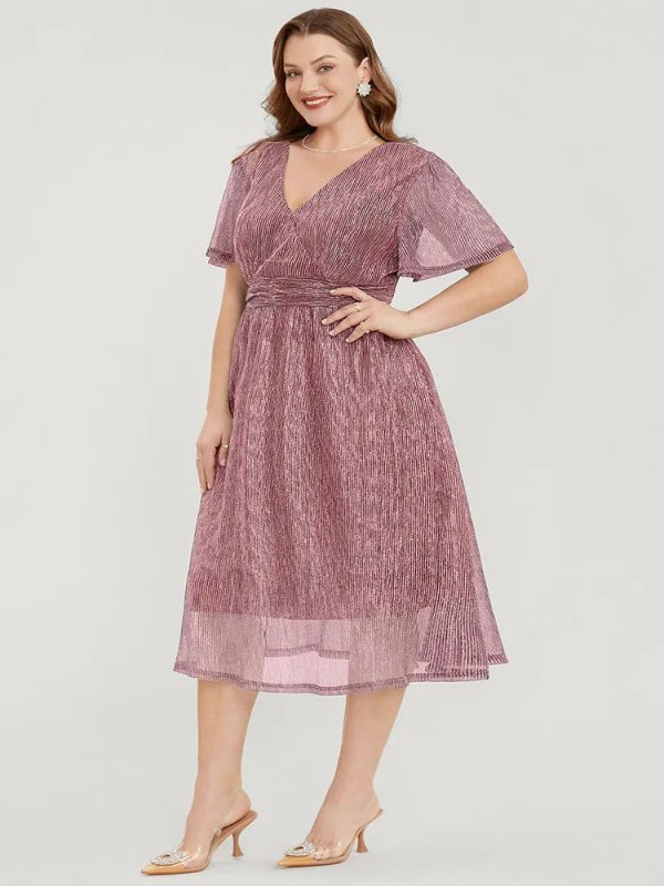 Glitter Mesh Surplice Neck Ruffle Sleeve Pocket Midi Dress