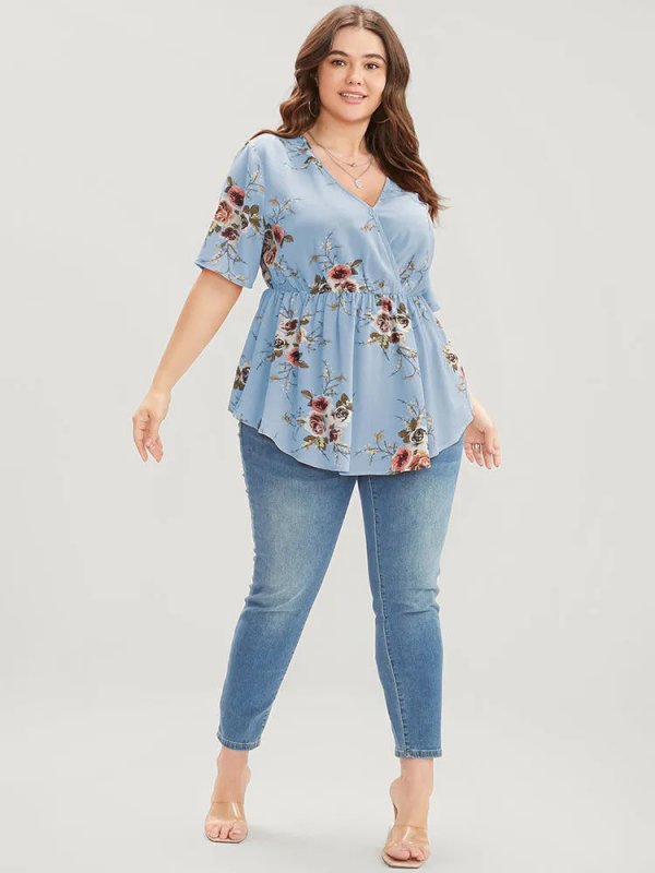 Floral Print Wrap Ruffles Asymmetrical Hem Blouse