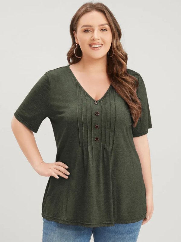 Solid Pleated Front Button Detail V Neck T-shirt