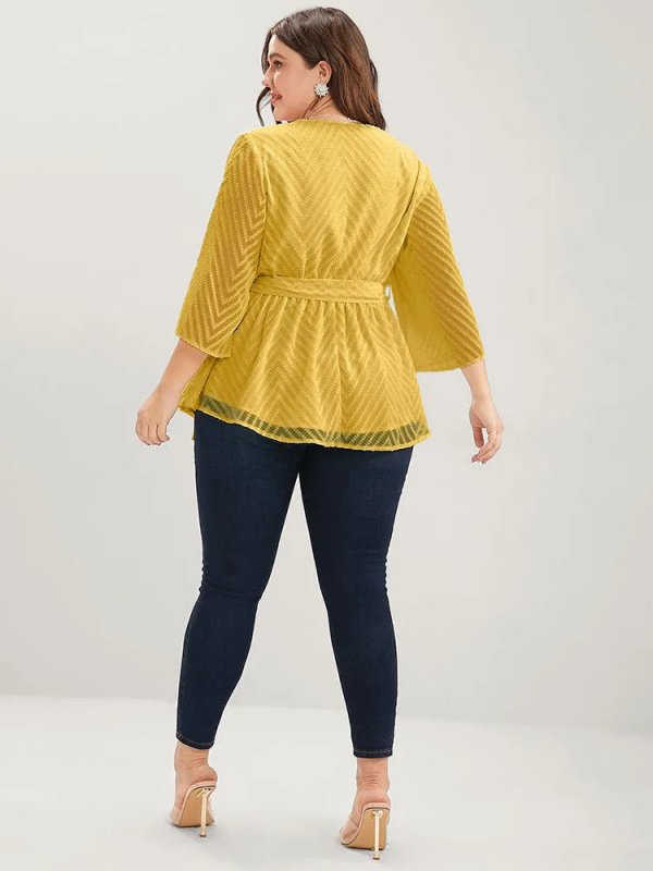 Plain Geometric Mesh Surplice Neck Belted Ruffles Blouse