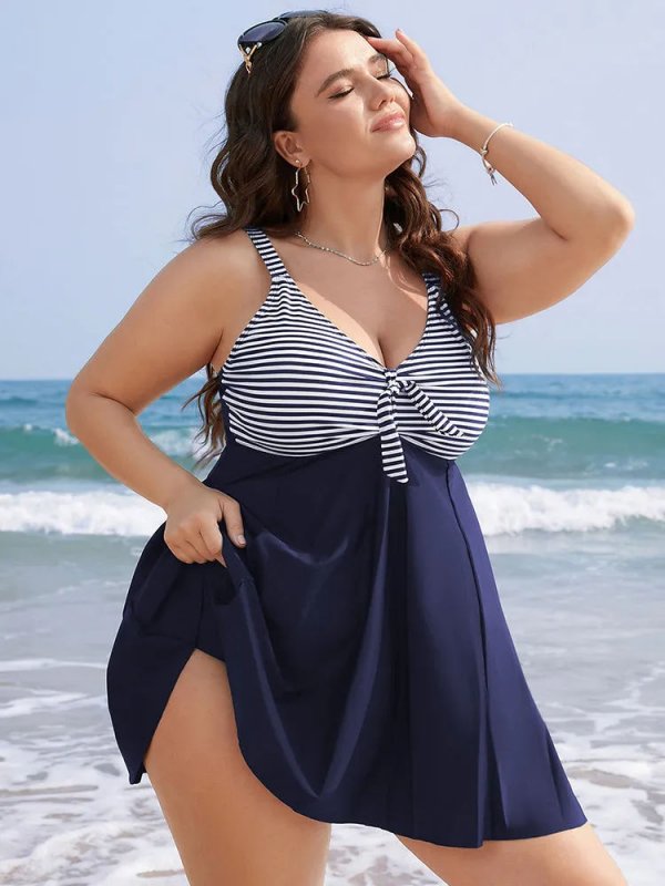 Striped Patchwork Knot Front Ruffles Swim Dress
