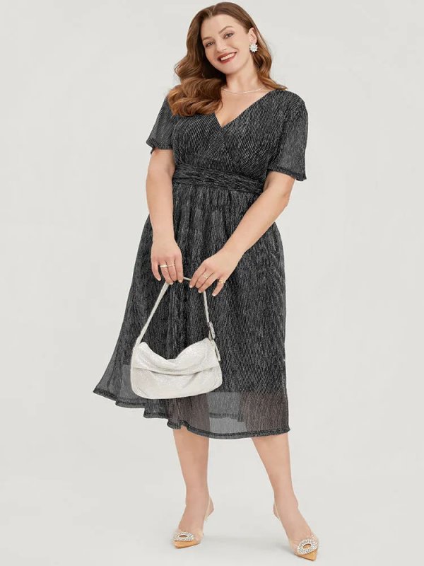 Glitter Mesh Surplice Neck Ruffle Sleeve Pocket Midi Dress