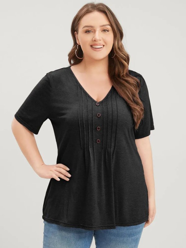 Solid Pleated Front Button Detail V Neck T-shirt