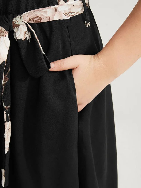 Floral Printed Pocket Ruffles Surplice Neck Belted Midi Dress
