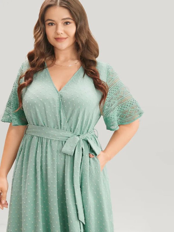 Solid Wrap Pocket Belted Contrast Lace Ruffle Trim Maxi Dress