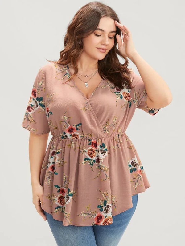 Floral Print Wrap Ruffles Asymmetrical Hem Blouse