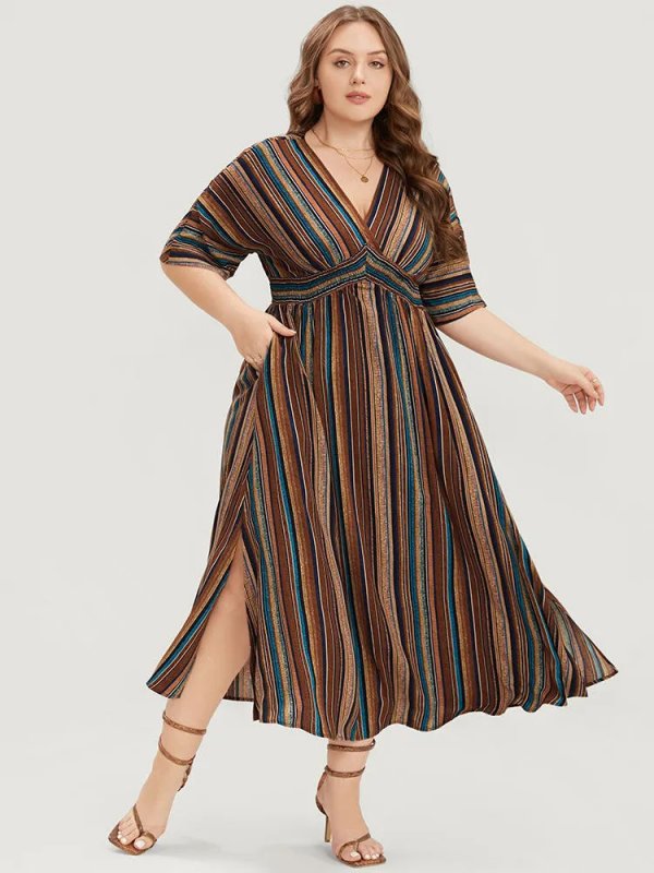 Striped Contrast Dolman Sleeve Shirred Pocket Split Flutter Dress