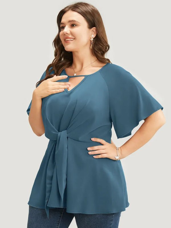 Plain Keyhole Knotted Front Ruffle Sleeve Blouse