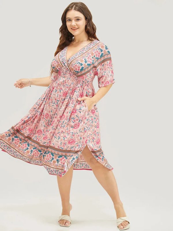 Floral Dolman Sleeve Ruffles Shirred Split Hem Dress