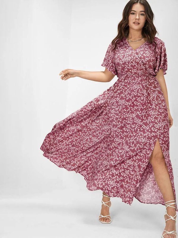 [Hot Sale] Flutter Sleeve Ditsy Floral Pocket Split Maxi Dress