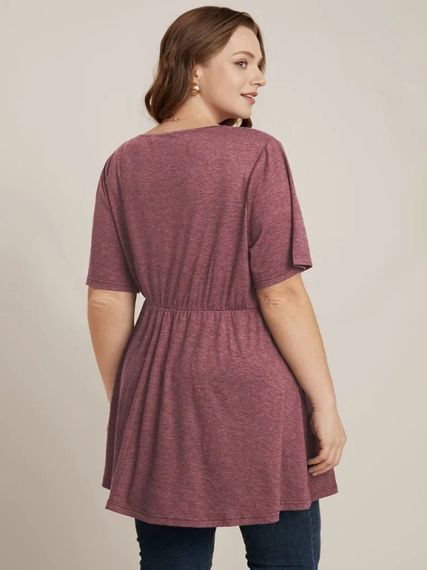 Solid Button V Neck Ruffles Blouse