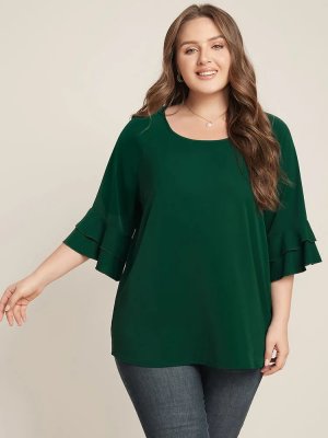 Plain Ruffle Tiered Round Neck Blouse