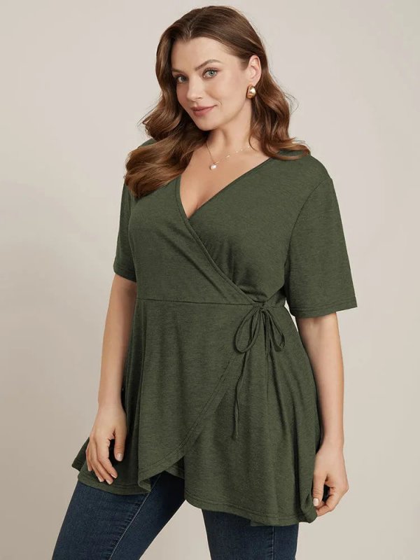 Solid Button V Neck Ruffles Blouse