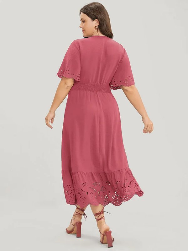 Solid Laser Cut Shirred Pocket Wrap Scalloped Trim Flutter Dress