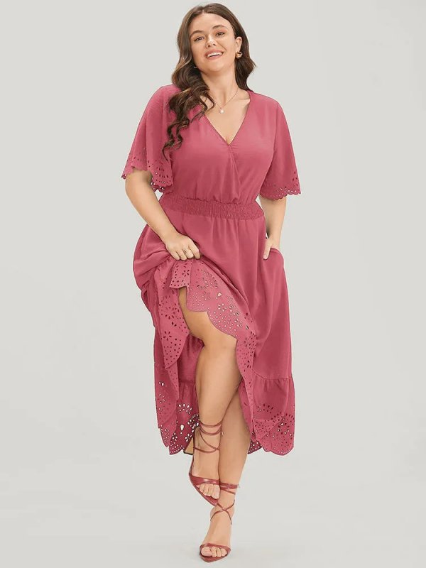 Solid Laser Cut Shirred Pocket Wrap Scalloped Trim Flutter Dress