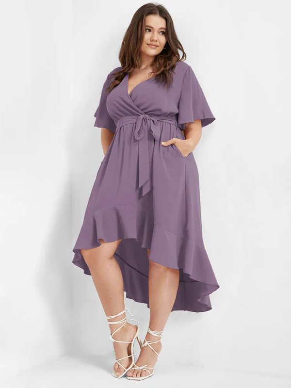 Bloom Dress - Solid Tie Surplice Ruffle High Low Dress