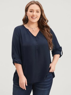 Plain V Neck Button Detail Cuffed Sleeve Blouse