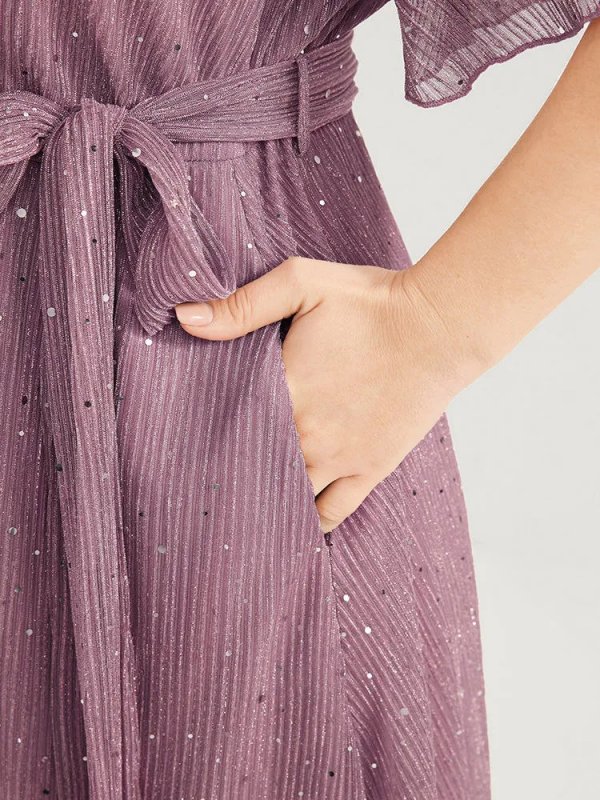 Plain V Neck Mesh Pocket Ruffle Tiered Belted Midi Dress