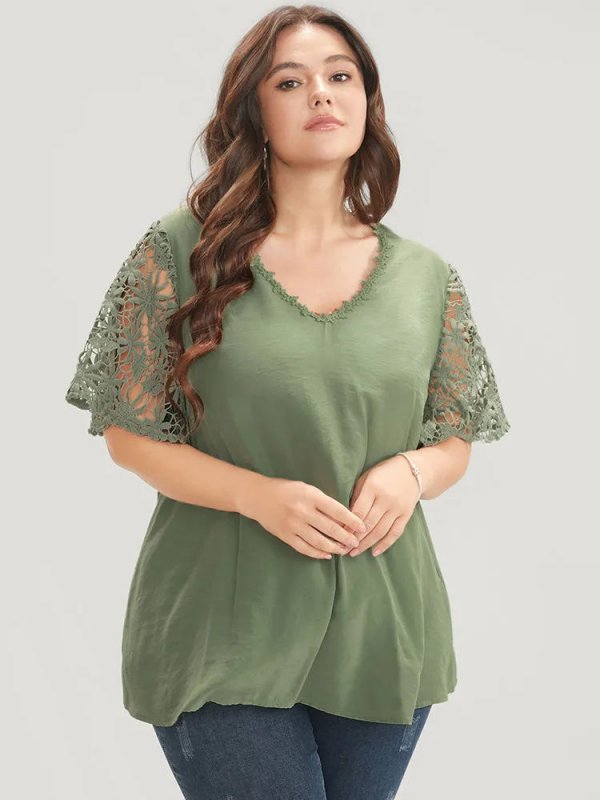 Plain V Neck Floral Patchwork Blouse