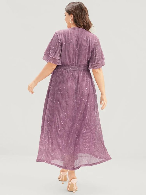 Plain V Neck Mesh Pocket Ruffle Tiered Belted Midi Dress