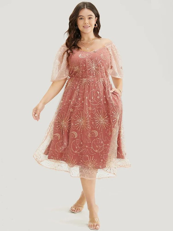 Moon And Star Sequin Detail Pocket Mesh Midi Dress