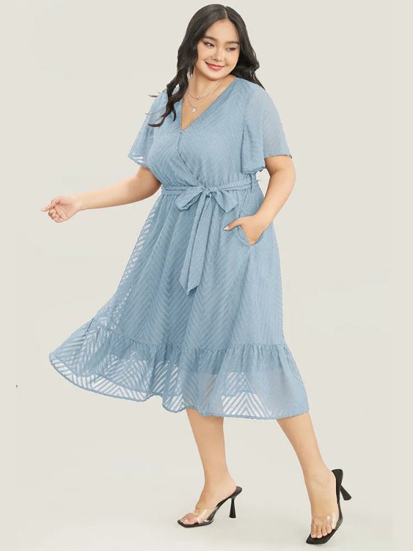 Plain Geometric Pocket Mesh Ruffle Sleeve Belted Wrap Dress